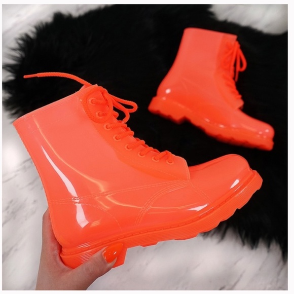 Neon Coral Lace Up Combat Style Rain Boots - Picture 2 of 7